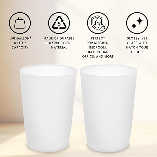 Mini Waste Basket - Pack of 2 Durable Small Plastic Garbage Trash Can Bin - Lidless Open-Top Rectangular Slim Profile for Compact Spaces - Suitable for Home, Bathroom, Office, Bedroom & More, White