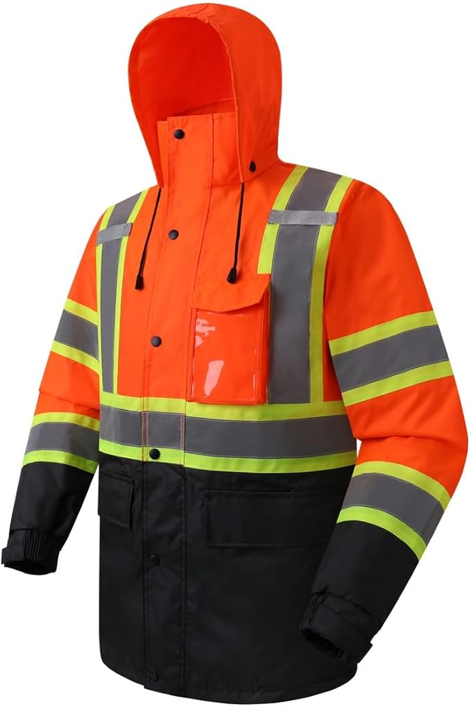 JKSafety Hi-Vis Reflective Safety Rain Jacket for Men Women Waterproof Rain Gears for Farming Fishing Work HV Rain Jacket with Inner Mesh Lining and Pockets (117A-OBlk XXL)
