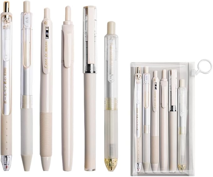6 Count Pastel Gel Ink Pen Set,Cute Note Taking 0.5mm Fine Point Retractable 5 Count Black Ink Pens with 1 Count Highlighter for Writing, Journaling, School, Office (Off White)