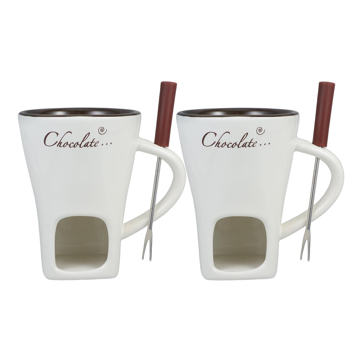 DECHOUS 2 Pack Fondue Mugs, Ceramic Chocolate Melting Cups with 2 Forks, Personal Fondue Mugs Set for Chocolate, Cheese, Butter, Ideal for Date Night, Birthday, Parties, Wedding Gift