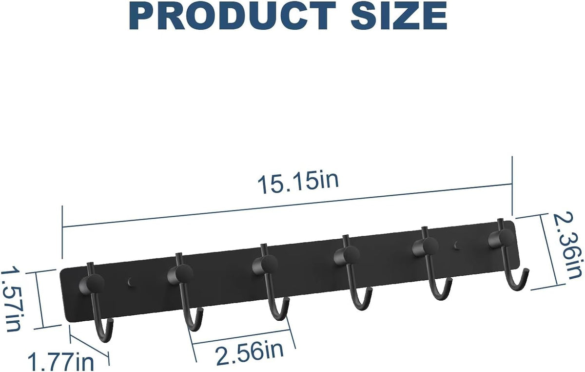 VAEHOLD Wall Hooks for Hanging, Black Coat Rack Wall Mount with 6 Coat Hooks, Towel Hanger, Hat Hooks, Robes Hook in Bathroom, Bedroom, Kitchen, Living Room (1PACK)
