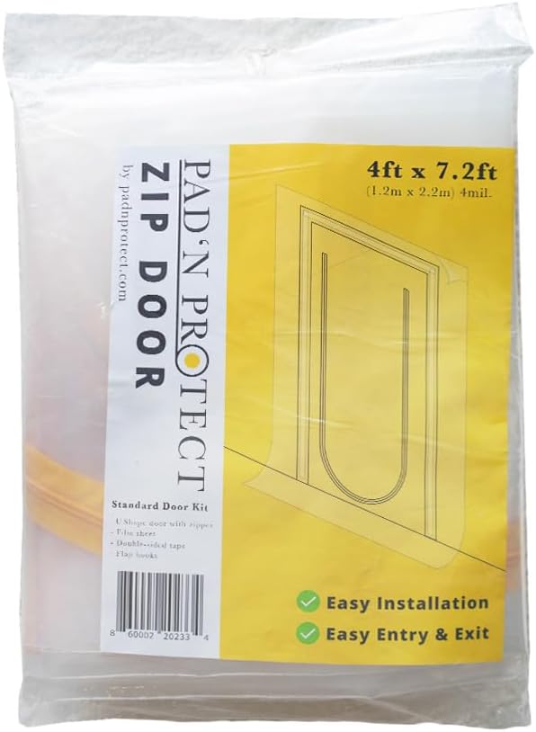 PAD 'N PROTECT Zipper Door Dust Barrier with U-Shape Zipper Door, 4' x 7.2', 4mil, Heavy Duty Dust Barrier U Zipper & Flap Hooks, Double Sided Tape, Easy Install, Yellow Zip, Ready to Use