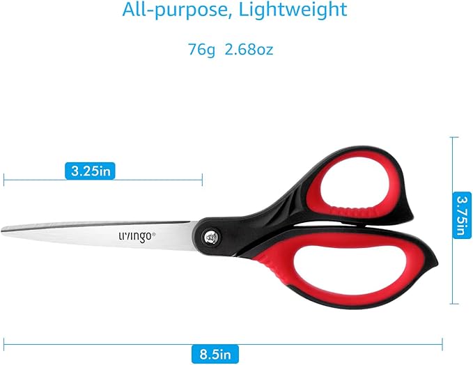 LIVINGO 8.5” Scissors All Purpose - Ultra Sharp Multipurpose 3 Pack Heavy duty Shears for Office, Home, School Sewing and Crafting Cutting Fabric, Paper, Red Comfort Grip