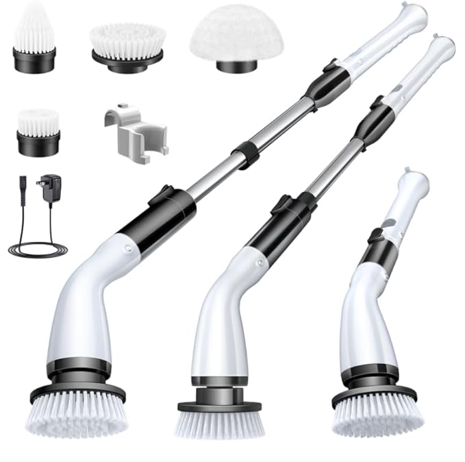 LABIGO Electric Spin Scrubber LA1 Pro, Cordless Spin Scrubber with 4 Replaceable Brush Heads and Adjustable Size Extension Handle Power Full Cleaning Brush for Bathroom Floor (Deep Black)