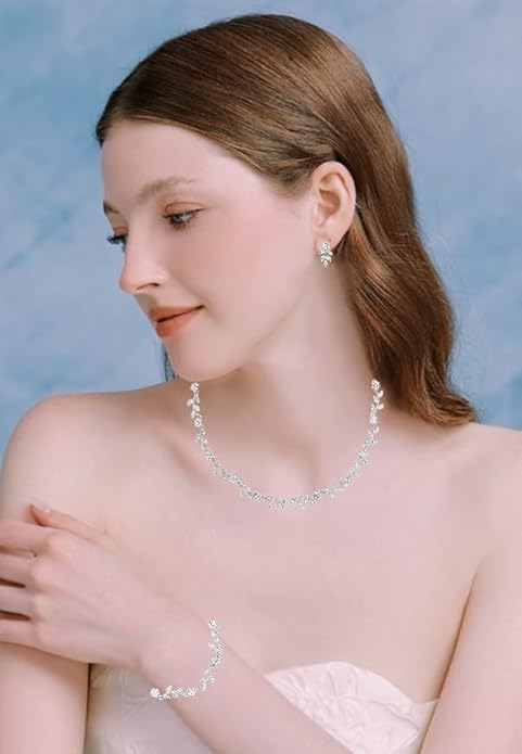 Austrian Crystal Rhinestone Choker Necklace Dangle Earring Link Bracelet Jewelry Set for Brides Bridesmaid Prom Costume Accessories for Women