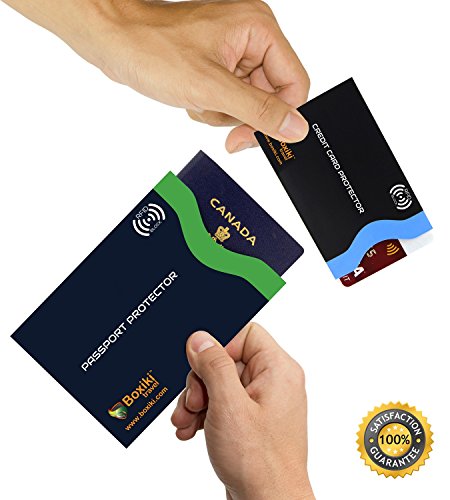 Boxiki Travel RFID Blocking Sleeves, Set with Color Coding, Navy Blue, Unisex Wallet, Protects Credit Cards and Passports