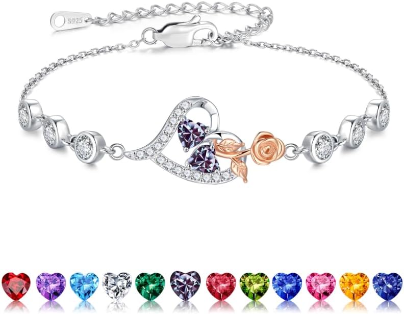Iefil Valentines Day Gifts for Her - 925 Sterling Silver Rose Heart Birthstone Bracelets, Anniversary Birthday Gifts for Women Wife Mom Daughter, 6"+2"