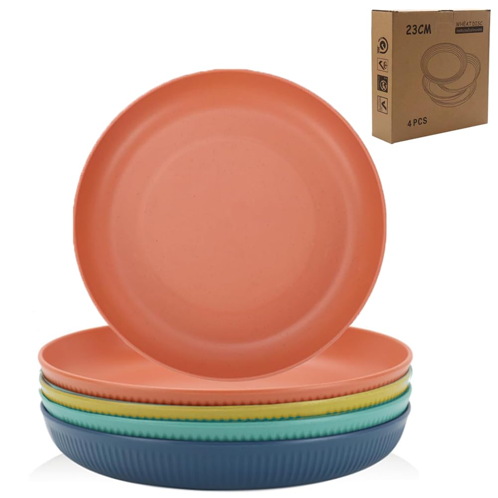 LRUUIDDE Lightweight Wheat Straw Plates 9 Inch, Microwave and Dishwasher Safe BPA Free and Healthy Reusable Unbreakable Deep Dinner Plates, Outdoor for Picnic, Camping (4pack)