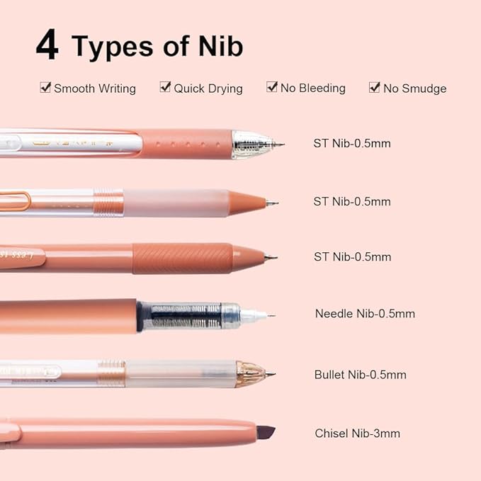 6 Count Pastel Gel Ink Pen Set,Cute Note Taking 0.5mm Fine Point Retractable 5 Count Black Ink Pens with 1 Count Highlighter for Writing, Journaling, School, Office (Caramel Brown)