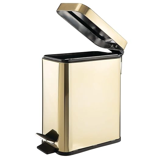 mDesign Small Modern 1.3 Gallon Rectangle Metal Lidded Step Trash Can, Compact Garbage Bin with Removable Liner Bucket and Handle for Bathroom, Kitchen, Craft Room, Office, Garage - Soft Brass
