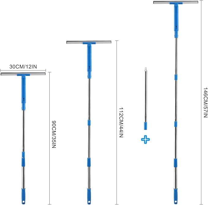 Window Cleaner with Long Handle(57IN), Glass Cleaning Tools with Silicone Squeegee & Microfiber Scrubber, Window Cleaning Kit for Shower Glass Mirror Door Car