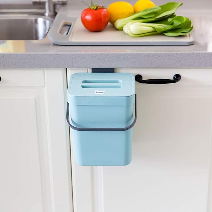 Kitchen Compost Bin Indoor for Counter Top,Hanging Small Trash Can with Lid,Food Waste Bin,Mountable Compost Busket 1.3 Gal/5 L Series,Blue