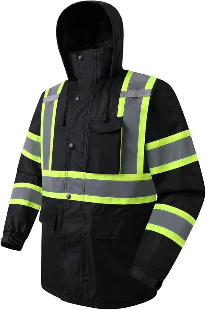 JKSafety Hi-Vis Reflective Safety Rain Jacket for Men Women Waterproof Rain Gears for Farming Fishing Work HV Rain Jacket with Inner Mesh Lining and Pockets (117A-Black L)