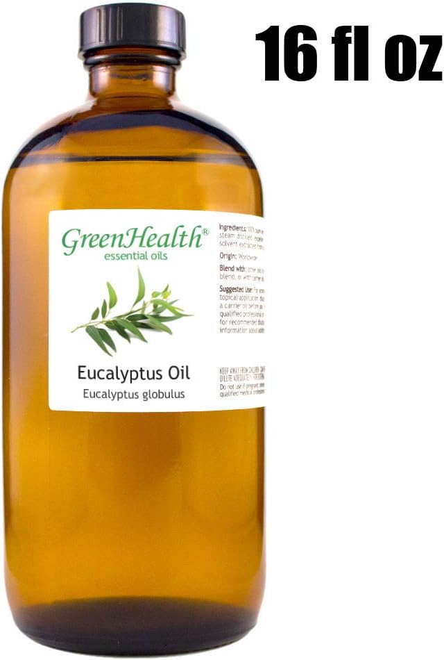 GreenHealth Eucalyptus Essential Oil – 16 fl oz (473 ml) – 100% Pure & Natural – Bulk Aromatherapy Oil in Amber Glass Bottle – for Diffuser, Cleaning, Room Spray, Home Fragrance
