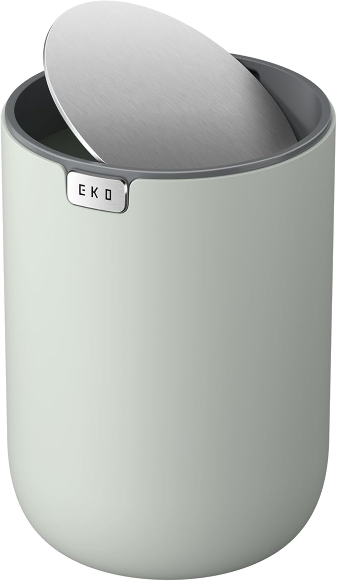 EKO Mini Desk Trash Can with Swing-Top Lid 0.4 Gallon Small Table Round Wastebasket for Office, Home, Car (Sage)