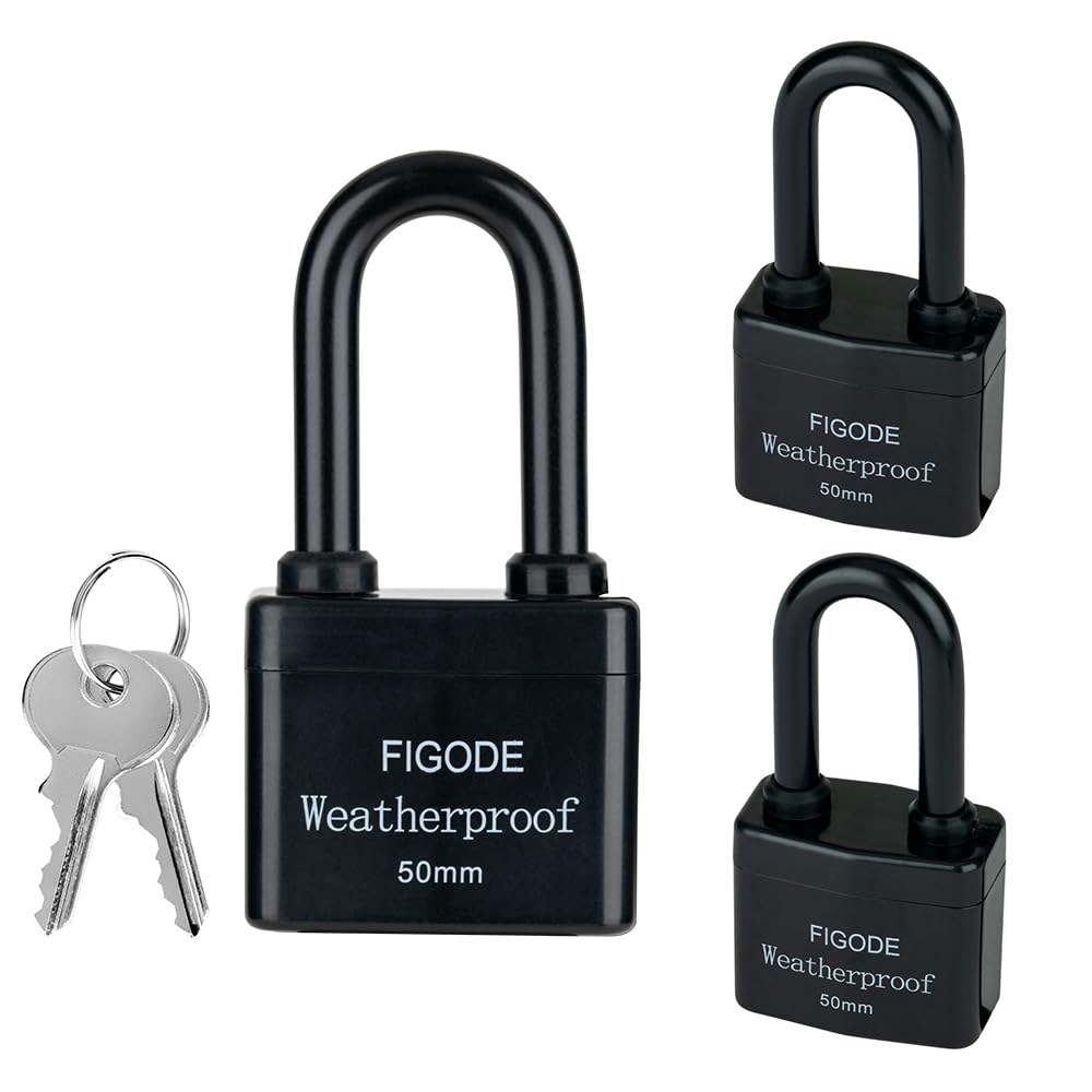 FIGODE® Outdoor Waterproof Padlocks, Covered Heavy Duty Laminated Steel Locks, Large Sturdy Locks, 2.2 in. Wide, 3 Locks Same Key, Long Padlocks