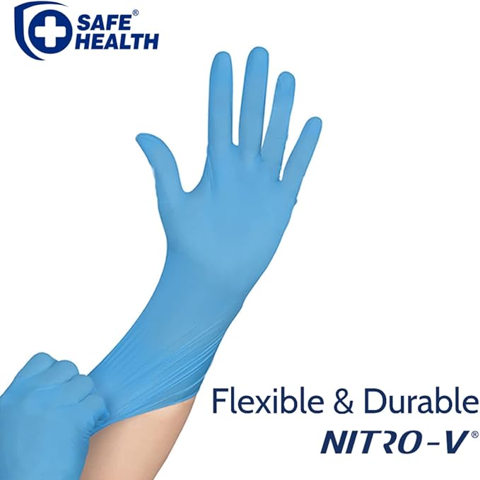 Safe Health NITRO-V Nitrile-Vinyl Synthetic Exam Disposable Gloves, Latex Free, Powder Free, Blue, Case of 1000, Medium, Medical Grade, Clinic, Nursing, Food, Hair Salon, Cleaning, Housework