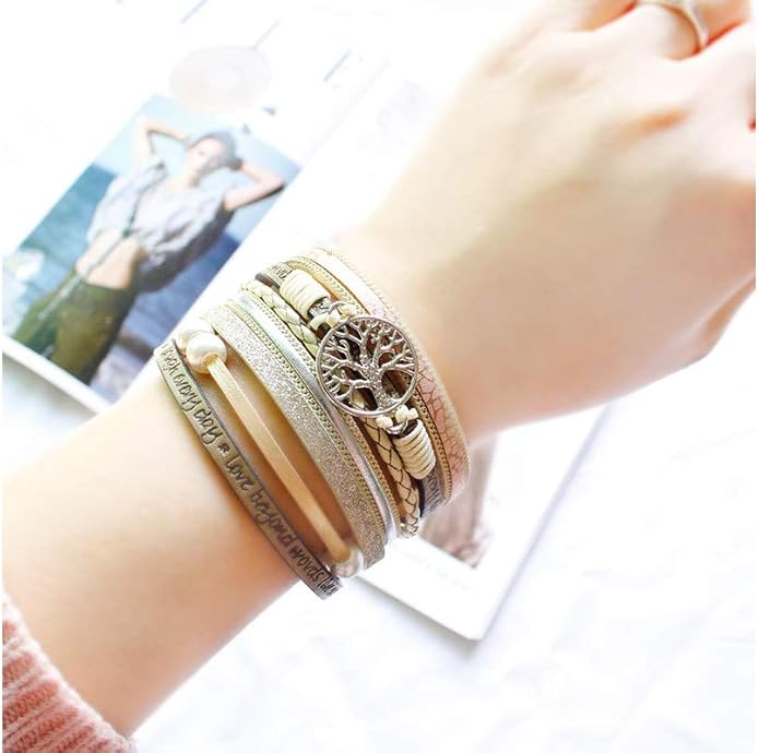 Fesciory Leather Wrap Bracelets for Women, Boho Leopard Multi-Layer Crystal Beads Cuff Bracelet Jewelry
