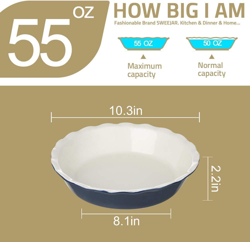 Sweejar Ceramic Pie Pan - 10 Inch Round Baking Dish for Dinner, Non-Stick with Soft Wave Edge for Apple, Pumpkin, Pot Pies (Turquoise)