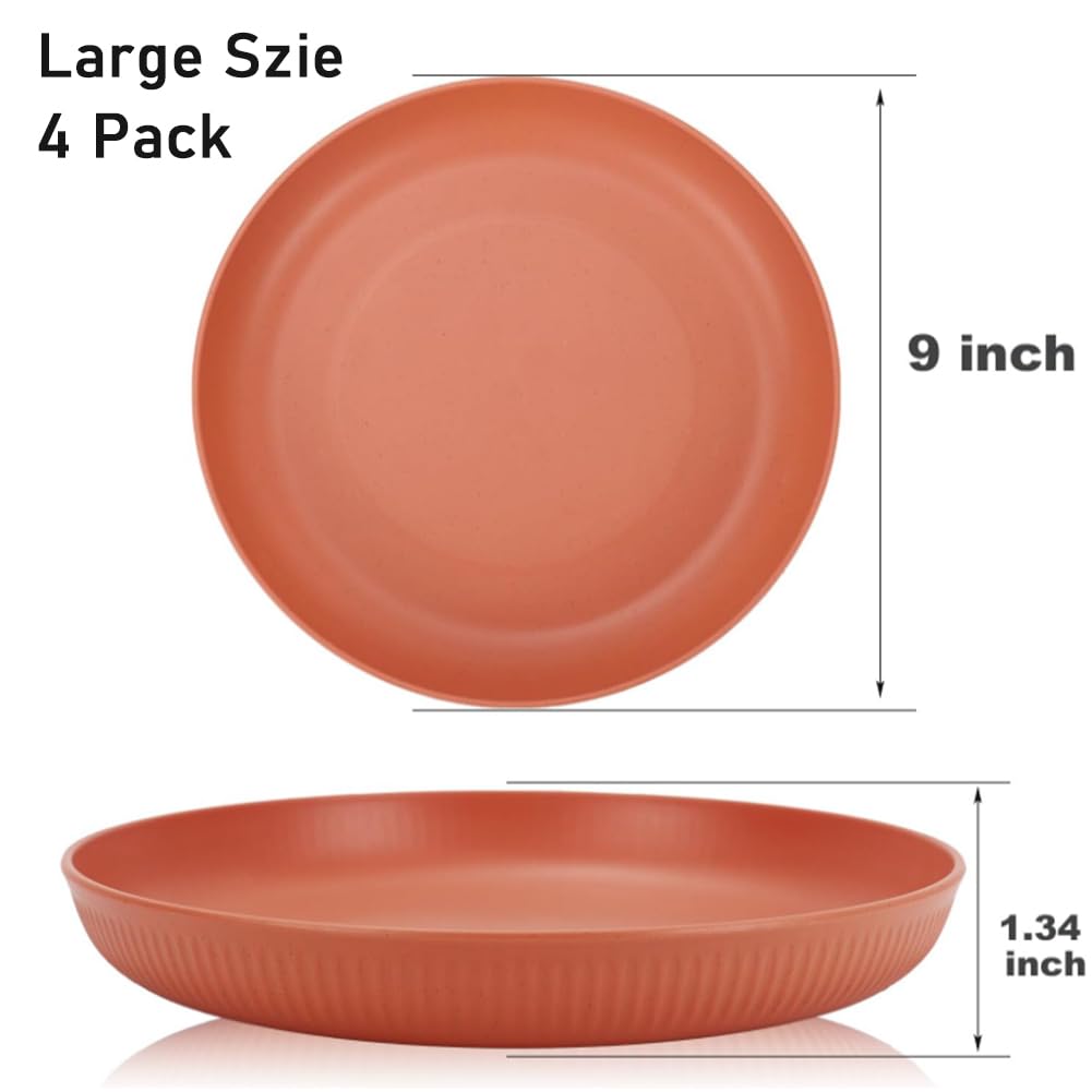 LRUUIDDE Lightweight Wheat Straw Plates 9 Inch, Microwave and Dishwasher Safe BPA Free and Healthy Reusable Unbreakable Deep Dinner Plates, Outdoor for Picnic, Camping (4pack)