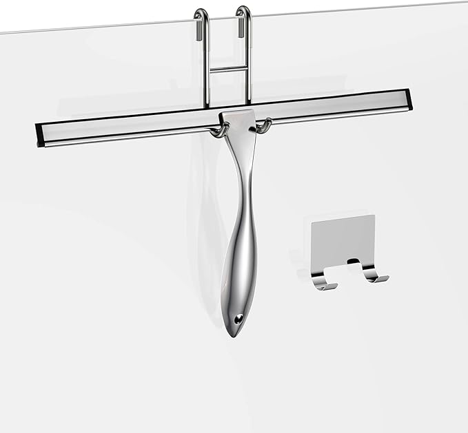 Shower Squeegee Set, 14-Inch Stainless Steel Squeegee, All-Purpose Squeegee for Bathroom, Shower Doors, Mirrors, Tiles, and Car Windows - 100% Streak Free, Includes Shower Door Hook and Adhesive Hook