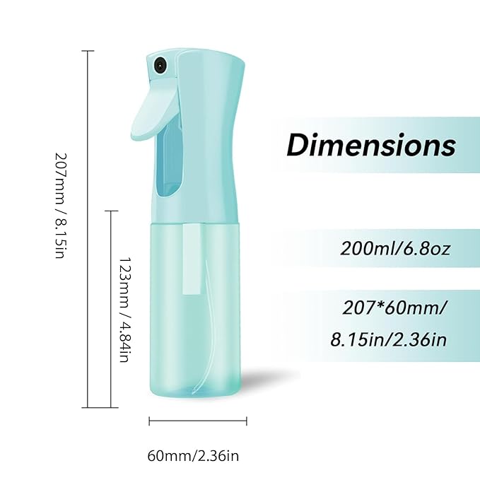 Continuous Mist Spray Bottle for Hair, Face & Plants (6.8oz/200ml) - Ultra Fine Travel-Size Water Mister for Salons, Cleaning, Pets & Skincare Leakproof Design