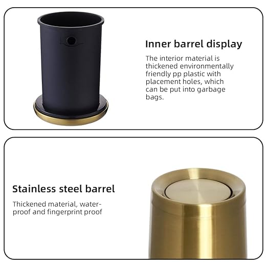 10 L/3 Gallen,Gold Small Trash Can for Bathroom,Brushed Stainless Steel Garbage Can with Flipping Lid,for Bathroom,Living Room,Bedroom,Hotel,Conference Room(Gold)