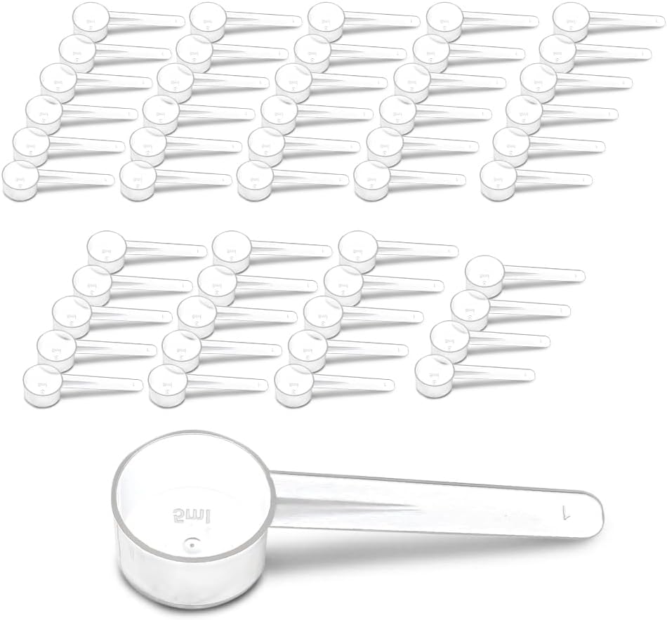 50 Measuring Spoons Set with Short Handle - 1 Teaspoon (5 ML) Clear Plastic Scoops for Creatine, Coffee, Grains, Spices, Powders, and Other Dry Goods, BPA Free, Kitchen Tools Measure, Fits in Jars