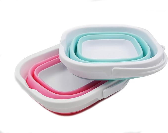 SAMMART 2.6L (0.68 Gallon) Super Mini Sqare Collapsible Plastic Bucket - Foldable Square Tub - Portable Fishing Water Pail - 2 Pieces Box Pack (Lake Green & Pink)