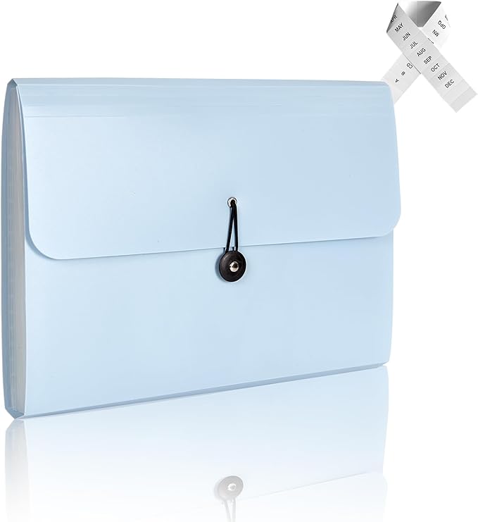 Expanding File Folder, 13 Pockets, Light Blue, Polypropylene for Work, School, Home, Office