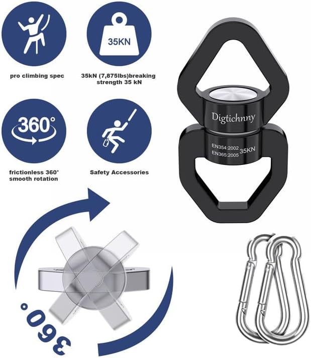 2 Pack Swing Swivel Hook, 35KN Aluminium Alloy Swing Swivel Heavy Duty, Swing Spinner For Children's Swing,Aerial Yoga,Web Tree Swing,Hanging Hammock Indoor Outdoor(Black with 4 Carabiners)