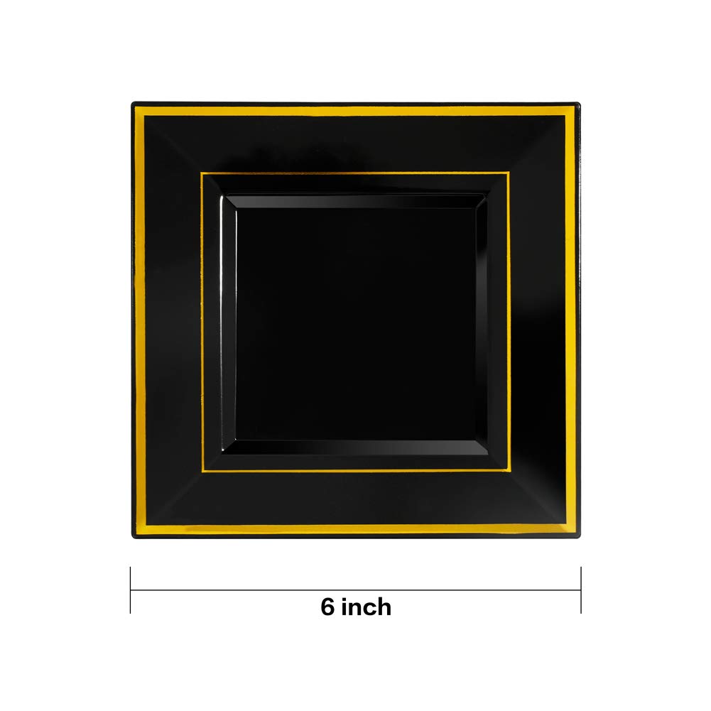 bUCLA 100PCS Black Square Plastic Plates with Gold Rim - 6 inch Disposable Dessert/Appetizer/Small Cake Plates for Party, Graduation & New Year