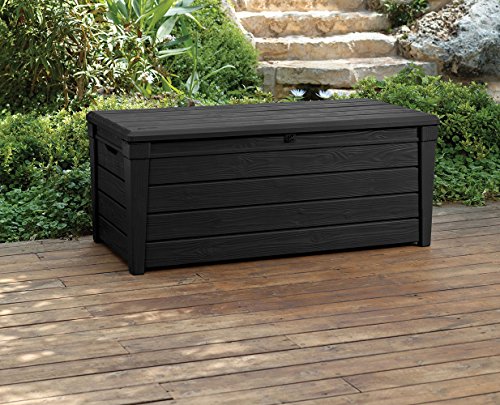 Keter Brightwood 120 Gallon Resin Large Deck Box for Patio Garden, Outdoor Cushion Storage, Pool Accessories, Tools, Grey