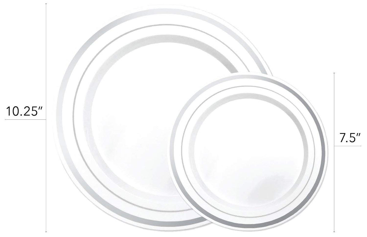 125-Piece White and Silver Fancy Plastic Plates Disposable with Silverware, Elegant Dinnerware for Weddings, Holiday Party China, Set of 25 Dinner + Salad Plates, 25 Spoons, 25 Forks, 25 Knives
