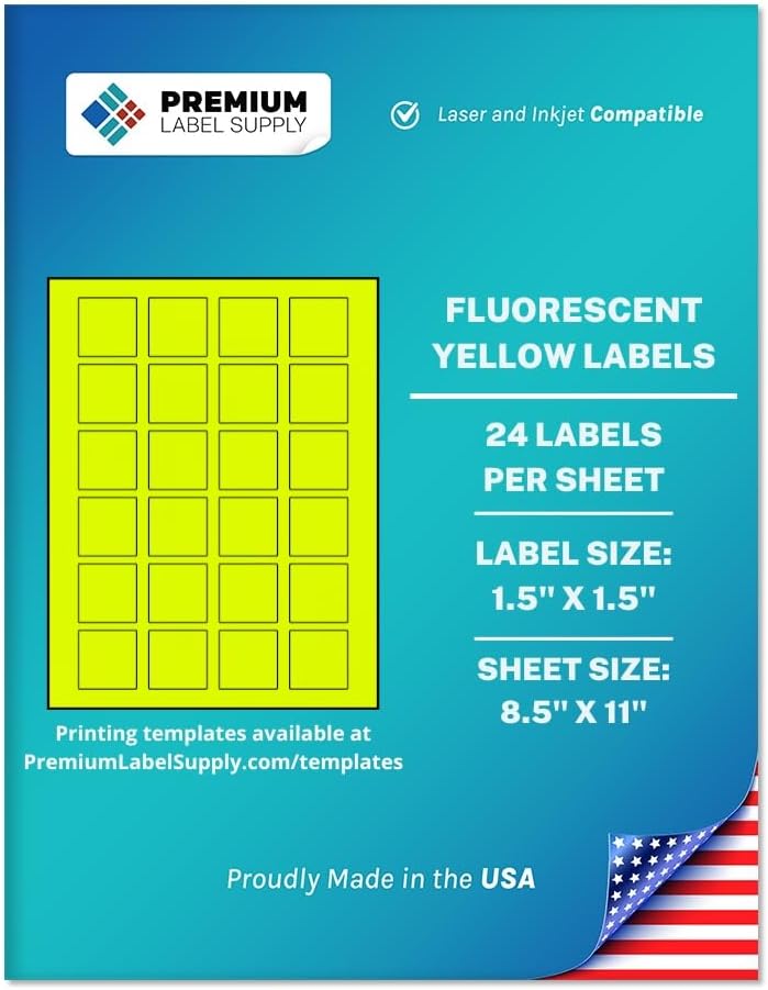 Premium Label Supply Bright Neon Color Fluorescent Sticker Labels - 1.5" x 1.5" Square Labels - (Fluorescent Yellow, 12,000 Labels)
