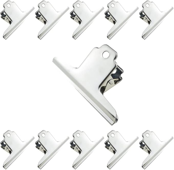 HAHIYO 4inch Silver Bulldog Clips Metal File Hinge Binder Clamps Save Space Strong Spring Jaws Rock Solid Grip Book Lay Flat Deburred Edge for Hang Photos Wall Grid Dog Food 11PCS