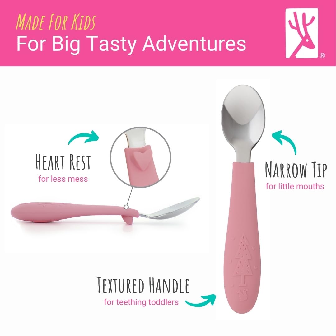 Elk and Friends Kids Silverware with Silicone Handle | Childrens Safe Flatware | Toddler Utensils | Baby Spoons + Forks | Stainless Steel Cutlery