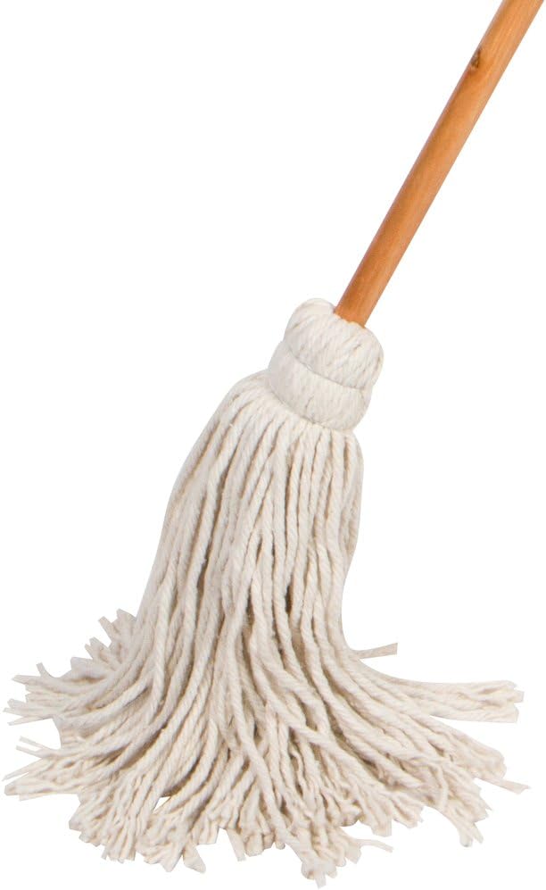 Large Wet Deck Cotton Mop with Solid Wood Handle (11 Oz, White)