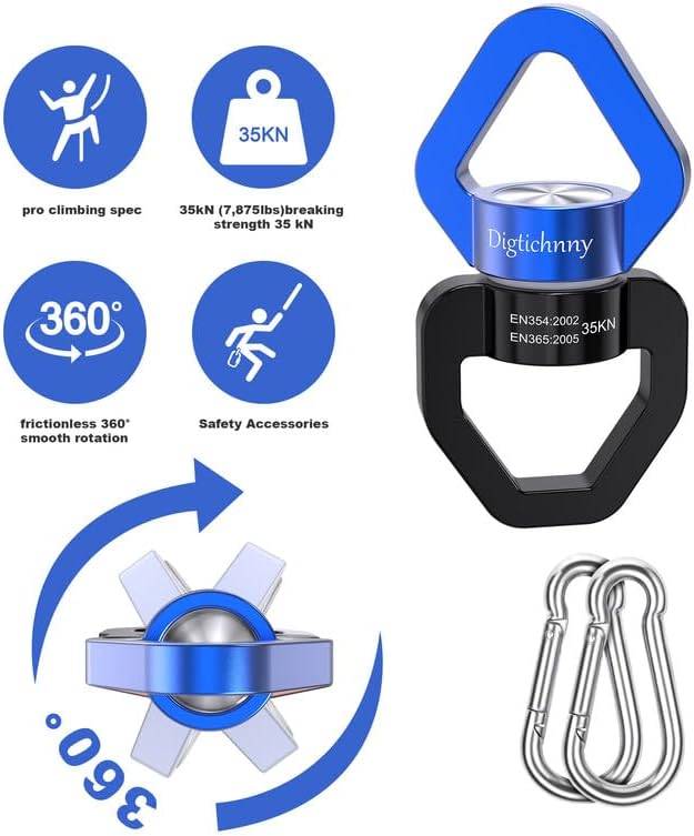 Swing Swivel Hanger, Aluminium Alloy 35KN Swing Spinner, Swivel Hooks for Children's Swing,Aerial Yoga,Web Tree Swing,Hanging Hammock Indoor Outdoor(Black-Blue with 2 Carabiners)