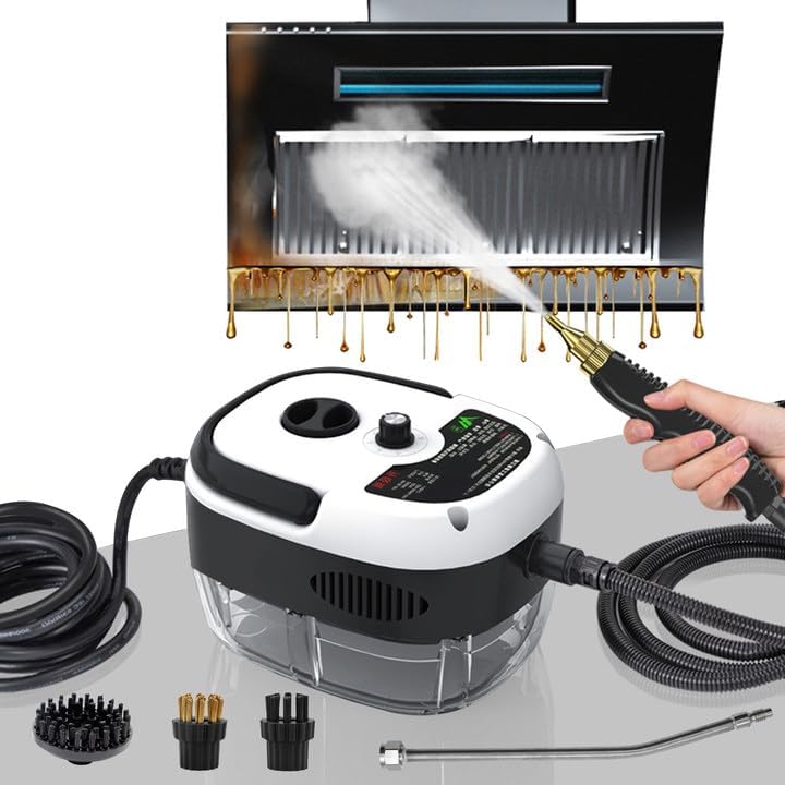 Steam Cleaner, 2500W High Handheld Steam Cleaner, 1L Portable Car Steam Cleaner, 6 High Speeds Pressure Temperature Steam Cleaning Machine with 3 Brush Heads for Kitchen Home Car Cleaning（White）