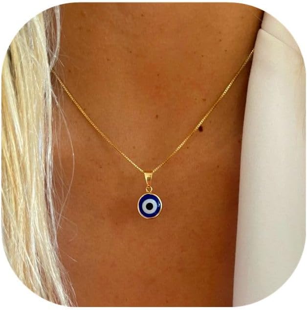 Evil Eye Necklace for Women 14K Gold Plated Delicate Necklaces Blue White CZ Diamond Pendant Necklace Cute Boho Tiny Evil Eye Lucky Protection Jewelry Gift for Women