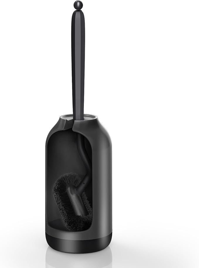 HAMITOR Toilet Bowl Brush Holder Set: Bathroom Deep Cleaning Toilet Cleaner Scrubber Under Rim with Curved Bristle for Dead Corner Clean - Hidden Rv Toilet Decorative Accessories with Caddy- Black