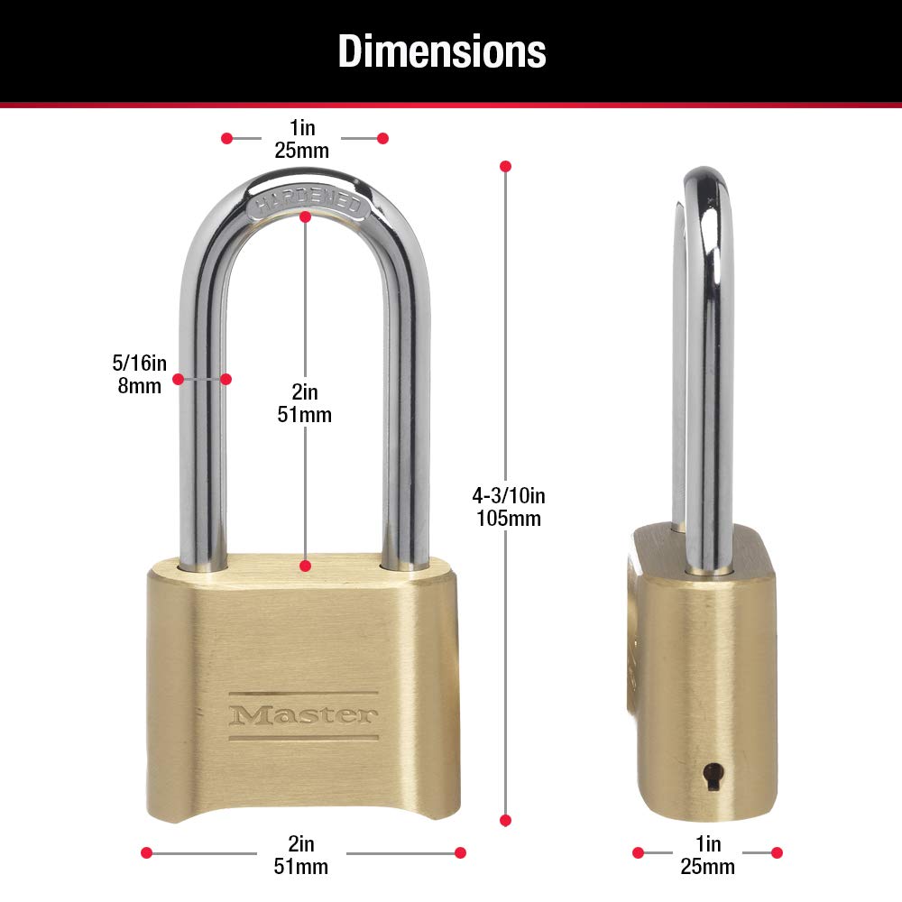 Master Lock Brass Combination Lock, Gate Lock for Outdoor Fence or Shed, Customizable Combination Padlock with Extended 2-1/4-Inch-Long Shackle, 175DLH
