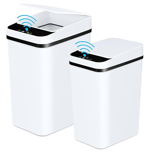 Bathroom Trash Cans with Lid 2 Pack Touchless Automatic Motion Sensor 2.2 Gal & 4 Gal Small Garbage Can, Smart Electric Narrow Garbage Bin for Bedroom Office Kitchen (White)