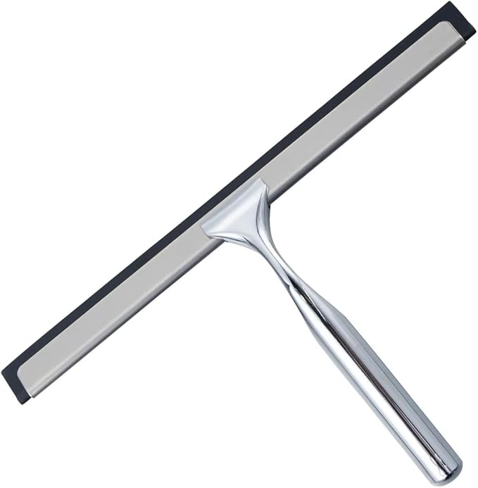 J&V TEXTILES All-Purpose Stainless Steel Shower Squeegee for Glass Doors with Adhesive Hooks, Squeegee for Shower Glass, Bathroom Household Cleaner Tool, 10 Inch (Silver)
