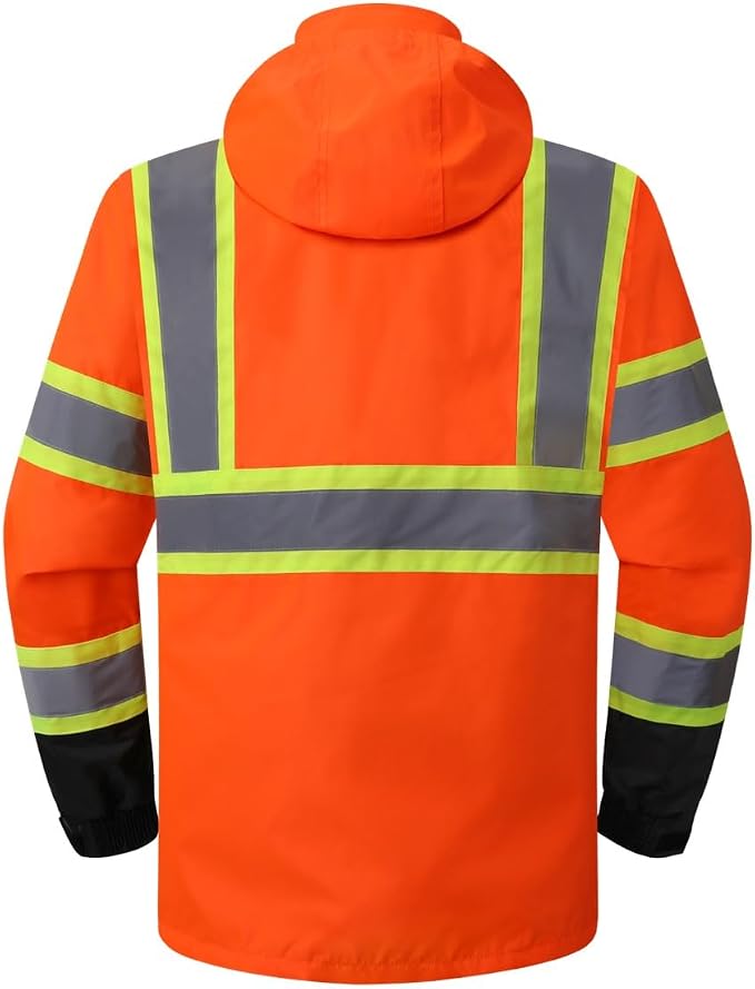 JKSafety Hi-Vis Reflective Safety Rain Jacket for Men Women Waterproof Rain Gears for Farming Fishing Work HV Rain Jacket with Inner Mesh Lining and Pockets (117A-OBlk XL)