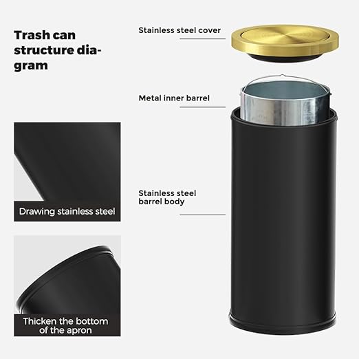 30L/8GAL Gold Brass Kitchen Trash Can,Tall Commercial Garbage Can with FILP Lid,Black and Gold Trash Can for Kitchen,Shopping mall,Elevator gate,Airport, Hotel,Commercial (Black)