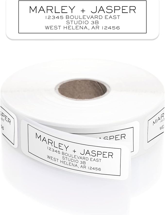 Simple Modern Outline Rolled Address Labels/Roll of 500 Square Box Personalized Address Labels/Designer Return Address Stickers in Elegant Plastic Dispenser