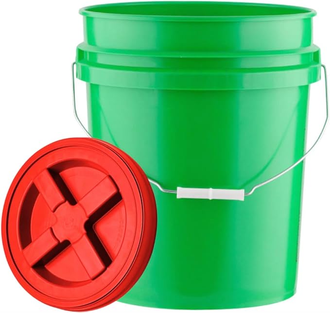 House Naturals 5 Gallon Food Grade Plastic Bucket with Air Tight Screw on Lid Made in USA Container (Green Bucket with Red Lid)