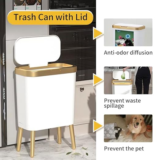 Procade Bathroom Trash Can with Lid, Plastic Garbage Can with Legs, 4 Gallon Gold Trash Bin with Push Button, Narrow White Trash Can Waste Basket for Bedroom, Living Room,Office，Dog Proof Trash Bin